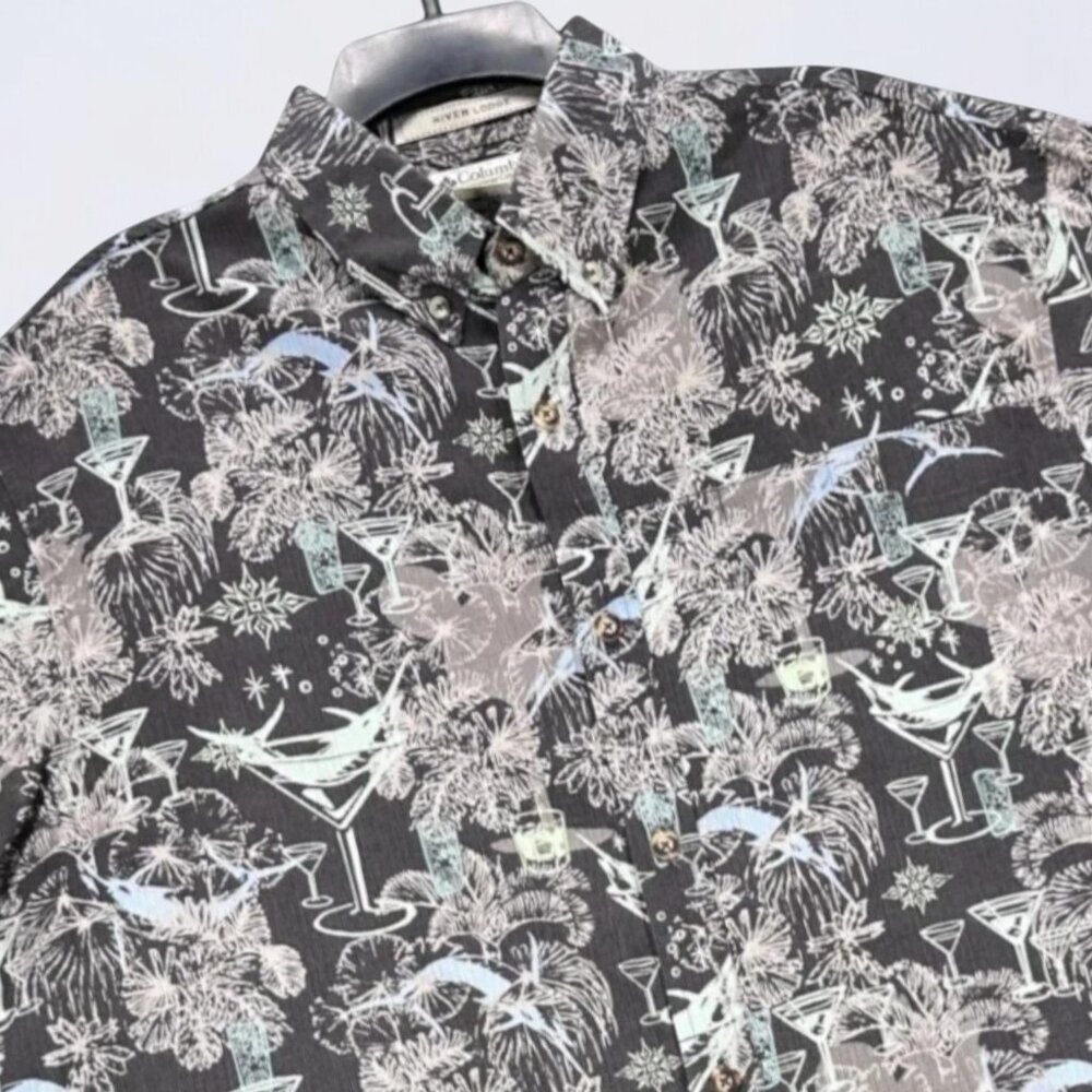 Columbia Shirt Men's Large Black River Lodge Button Down Vented Cocktails Floral